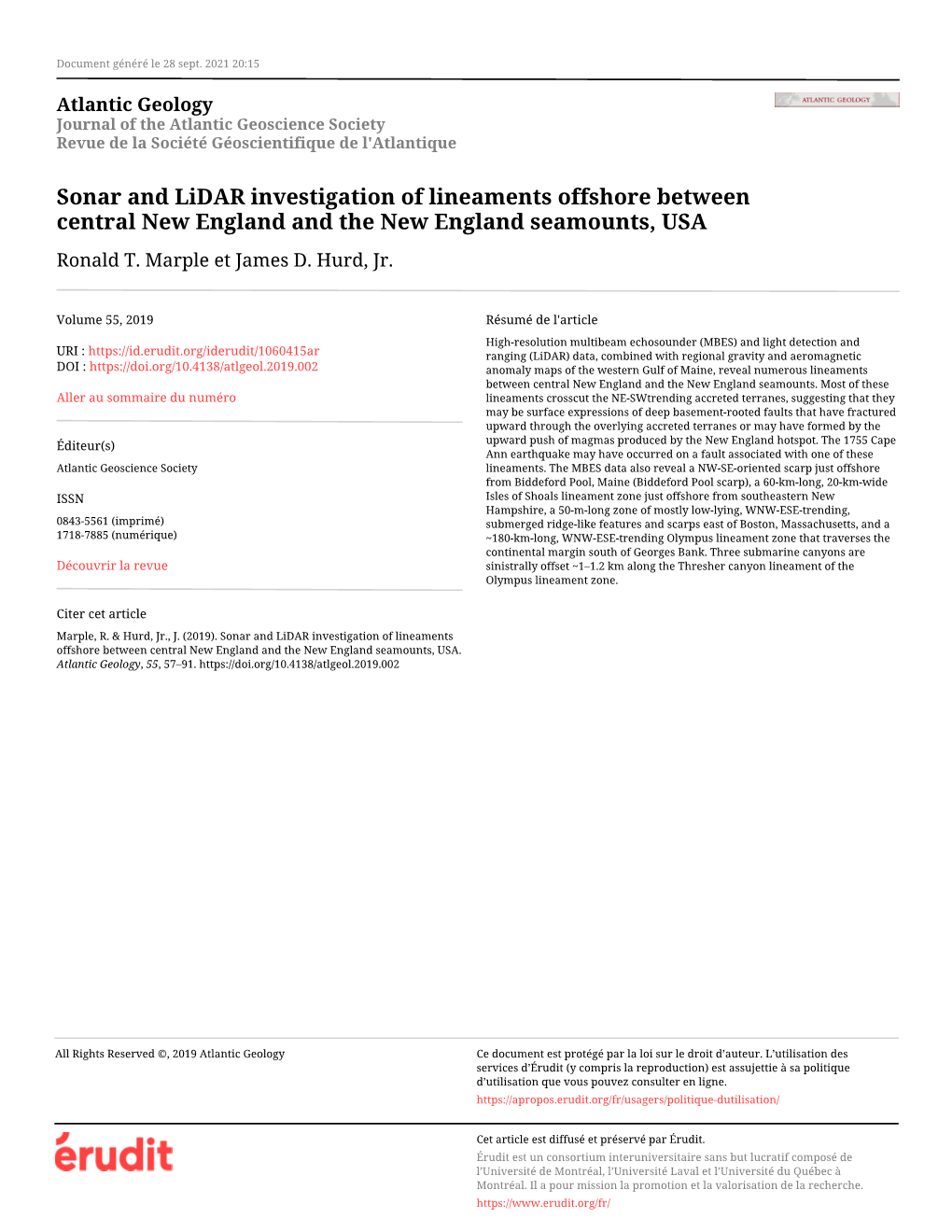 Sonar and Lidar Investigation of Lineaments Offshore Between Central New England and the New England Seamounts, USA Ronald T