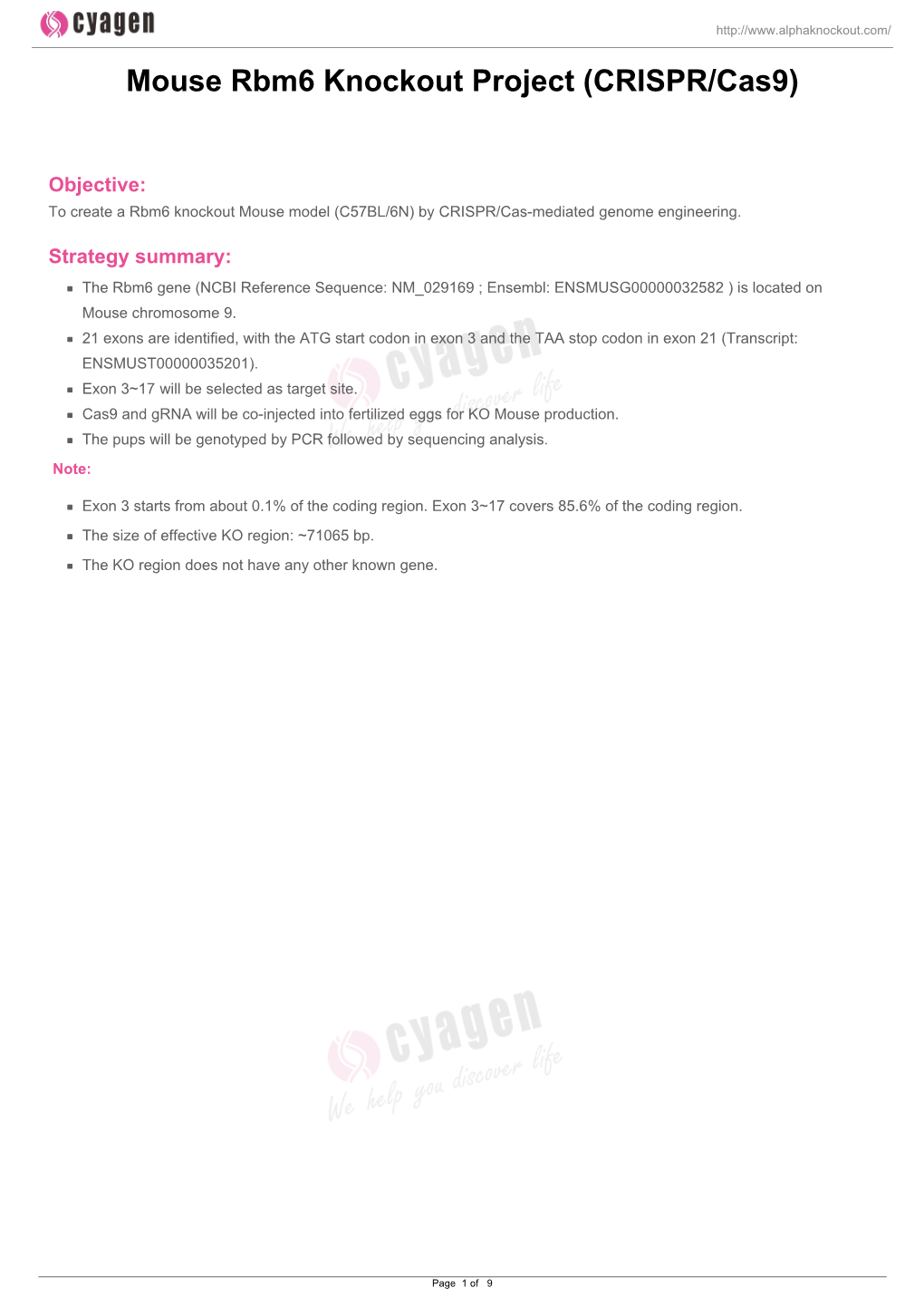 Mouse Rbm6 Knockout Project (CRISPR/Cas9)