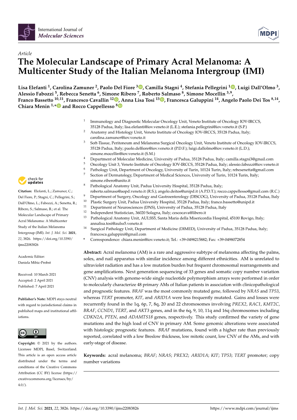 The Molecular Landscape of Primary Acral Melanoma: a Multicenter Study of the Italian Melanoma Intergroup (IMI)