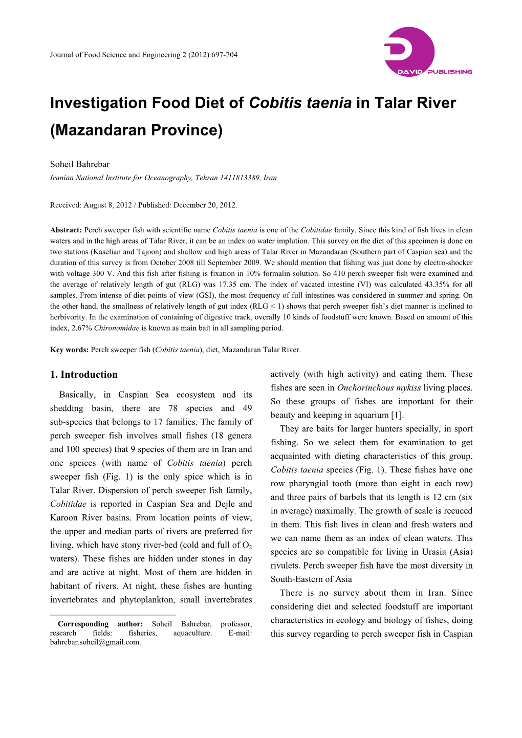 Investigation Food Diet of Cobitis Taenia in Talar River (Mazandaran Province)