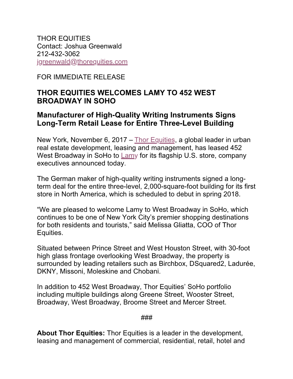 Thor Equities Welcomes Lamy to 452 West Broadway in Soho