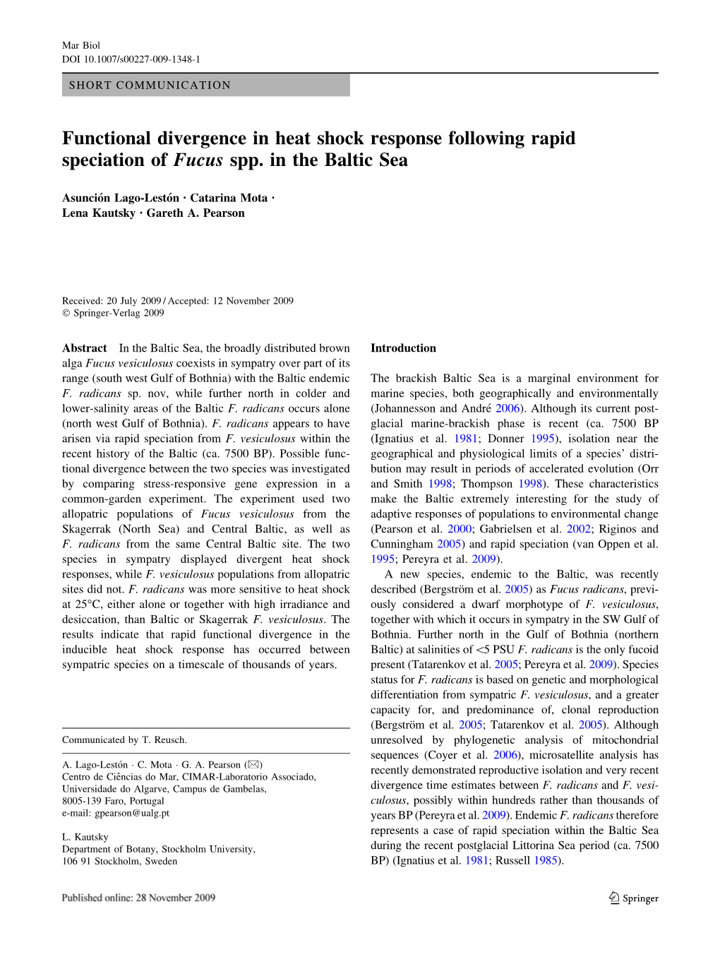 Functional Divergence in Heat Shock Response Following Rapid Speciation of Fucus Spp