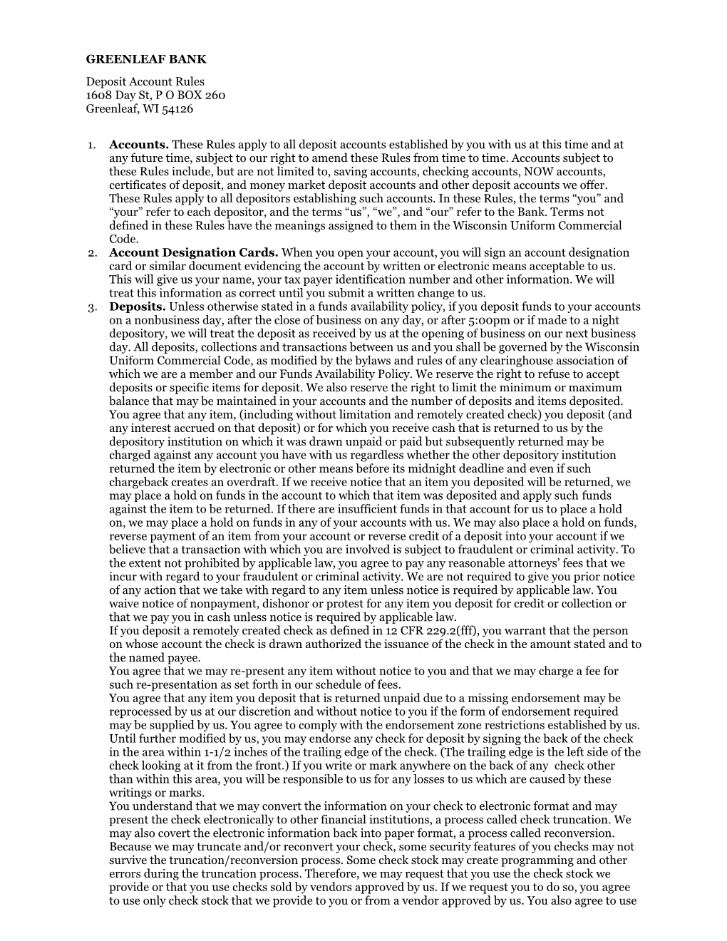 GREENLEAF BANK Deposit Account Rules 1608 Day St, P O BOX 260 Greenleaf, WI 54126