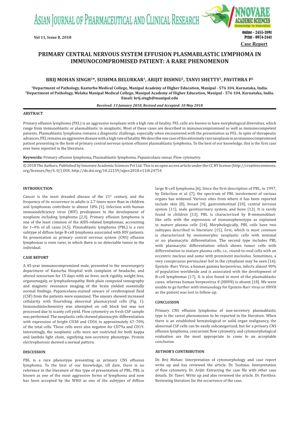 Primary Central Nervous System Effusion Plasmablastic Lymphoma in Immunocompromised Patient: a Rare Phenomenon