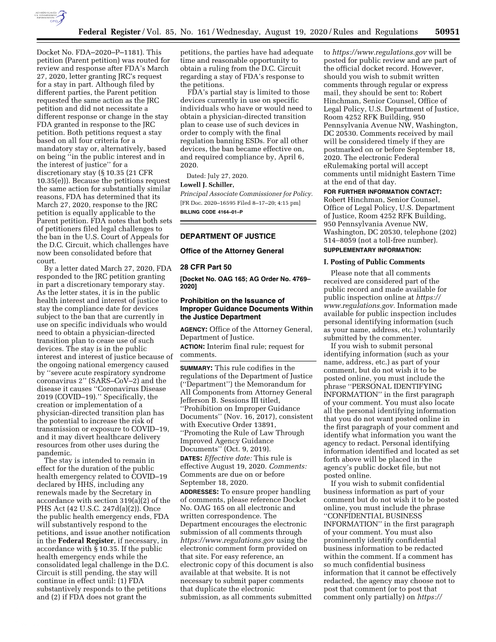 Federal Register/Vol. 85, No. 161/Wednesday, August 19, 2020