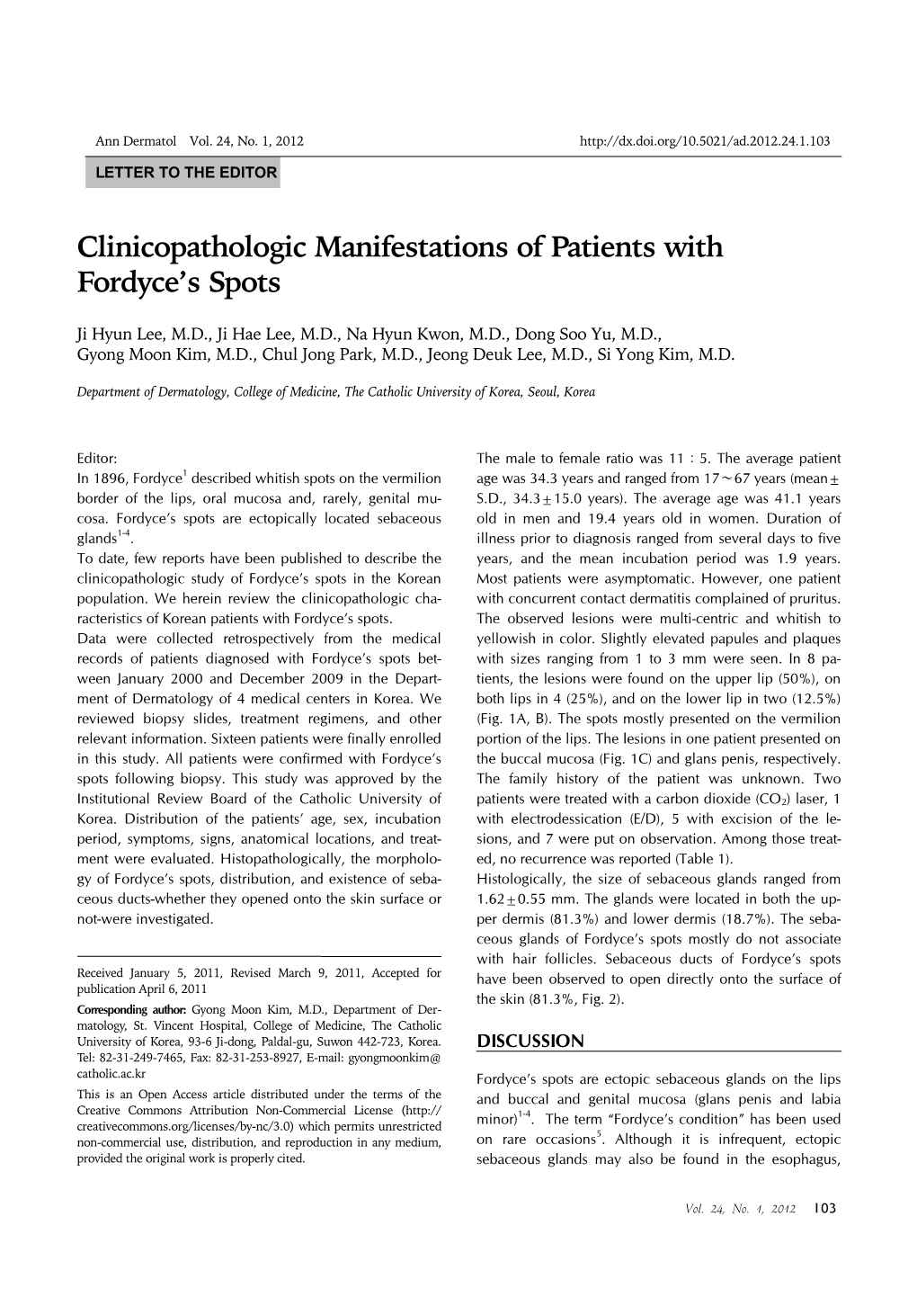 Clinicopathologic Manifestations of Patients with Fordyce's Spots