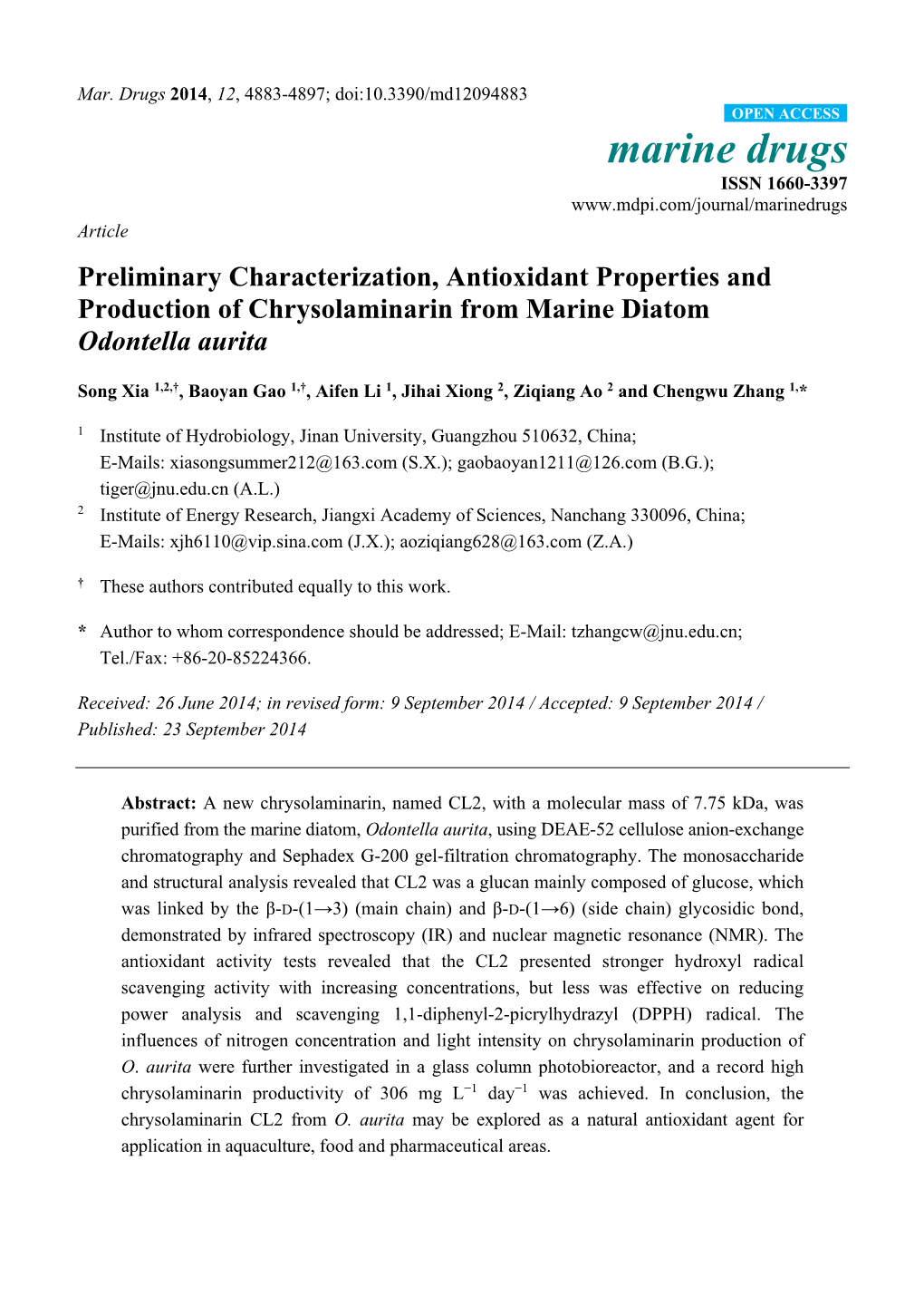 Preliminary Characterization, Antioxidant Properties and Production of Chrysolaminarin from Marine Diatom Odontella Aurita