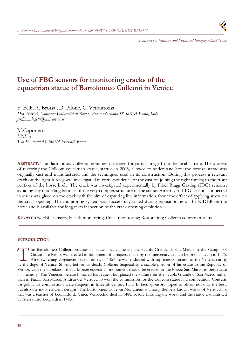 Use of FBG Sensors for Monitoring Cracks of the Equestrian Statue of Bartolomeo Colleoni in Venice