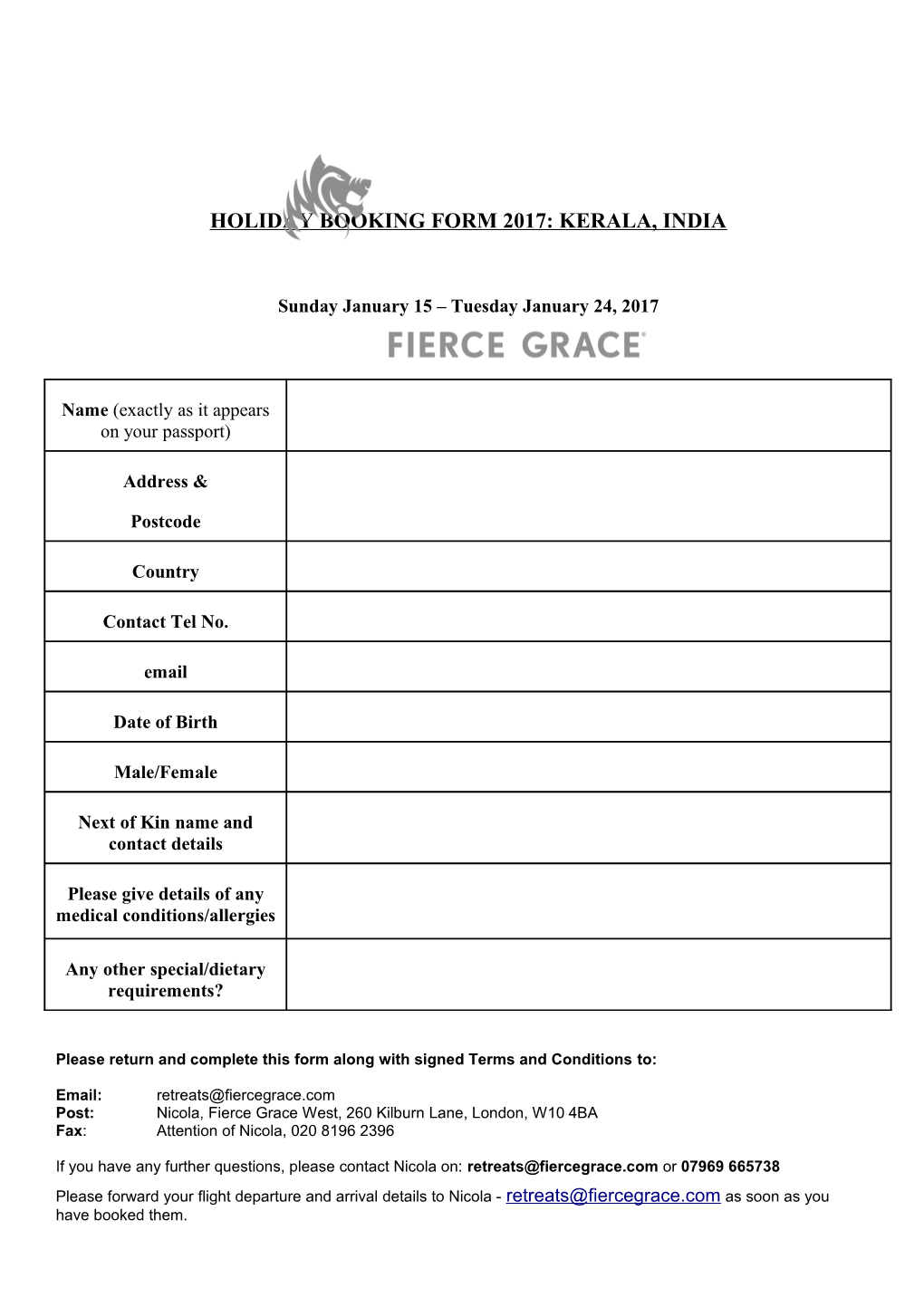 Holiday Booking Form 2017: Kerala, India