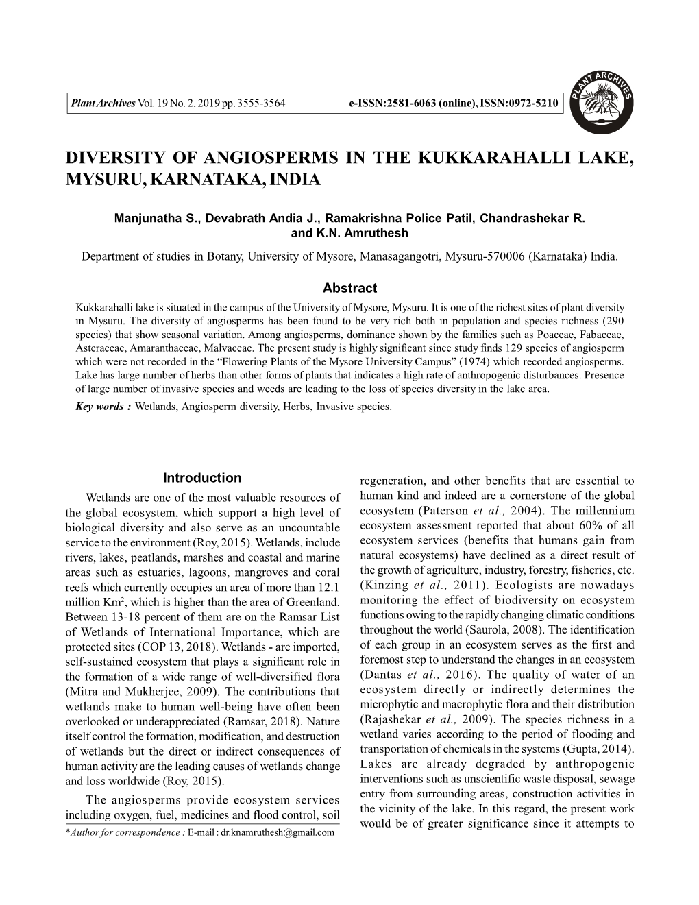 Diversity of Angiosperms in the Kukkarahalli Lake, Mysuru, Karnataka, India