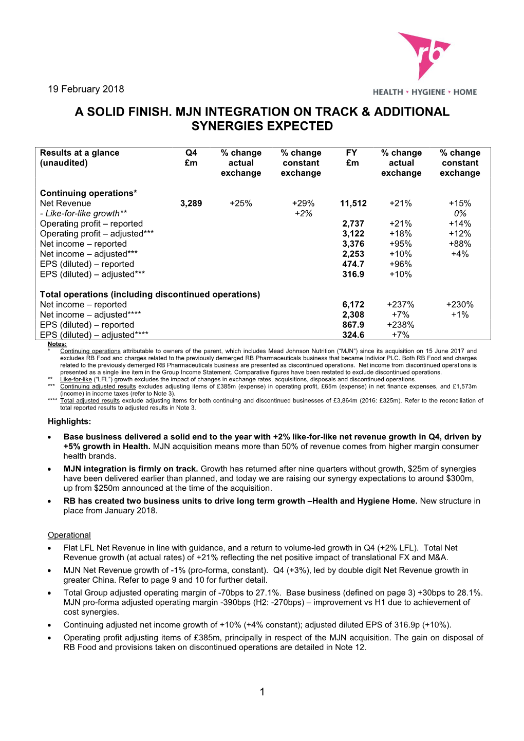 A Solid Finish. Mjn Integration on Track & Additional Synergies Expected