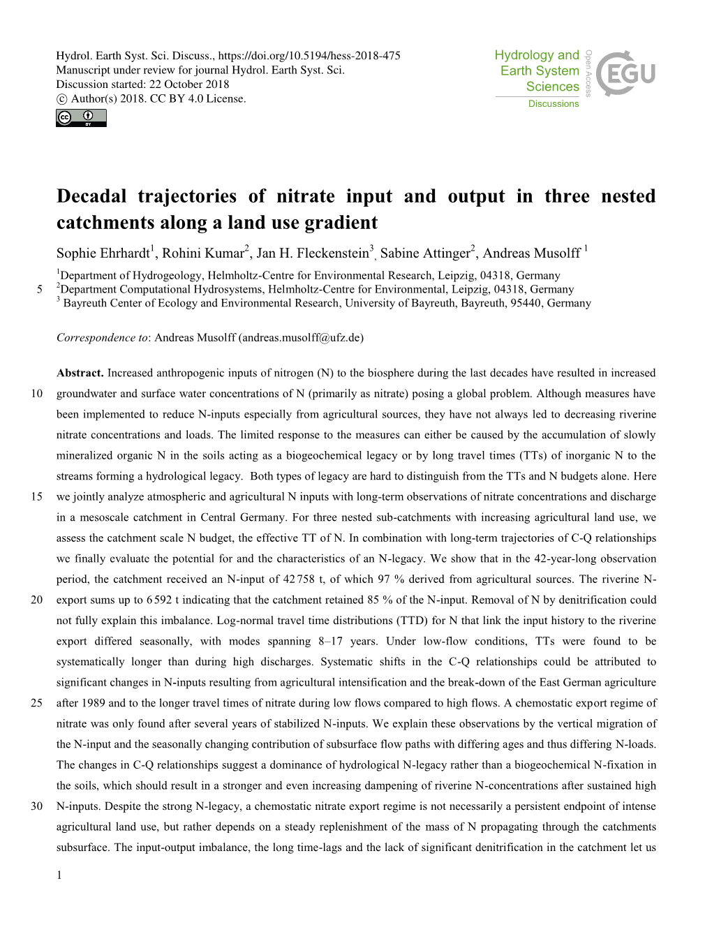 Decadal Trajectories of Nitrate Input and Output in Three Nested Catchments Along a Land Use Gradient