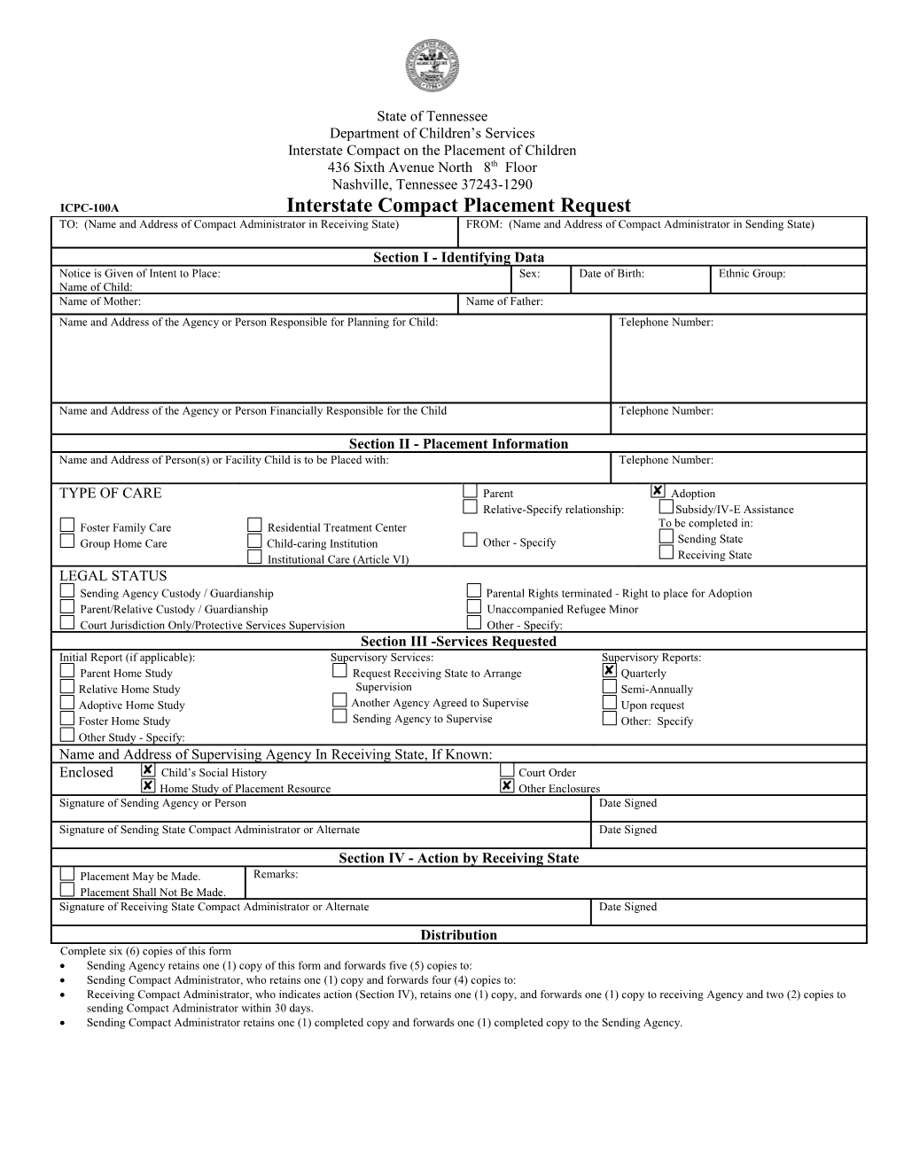 Interstate Compact Placement Request - Form 100A