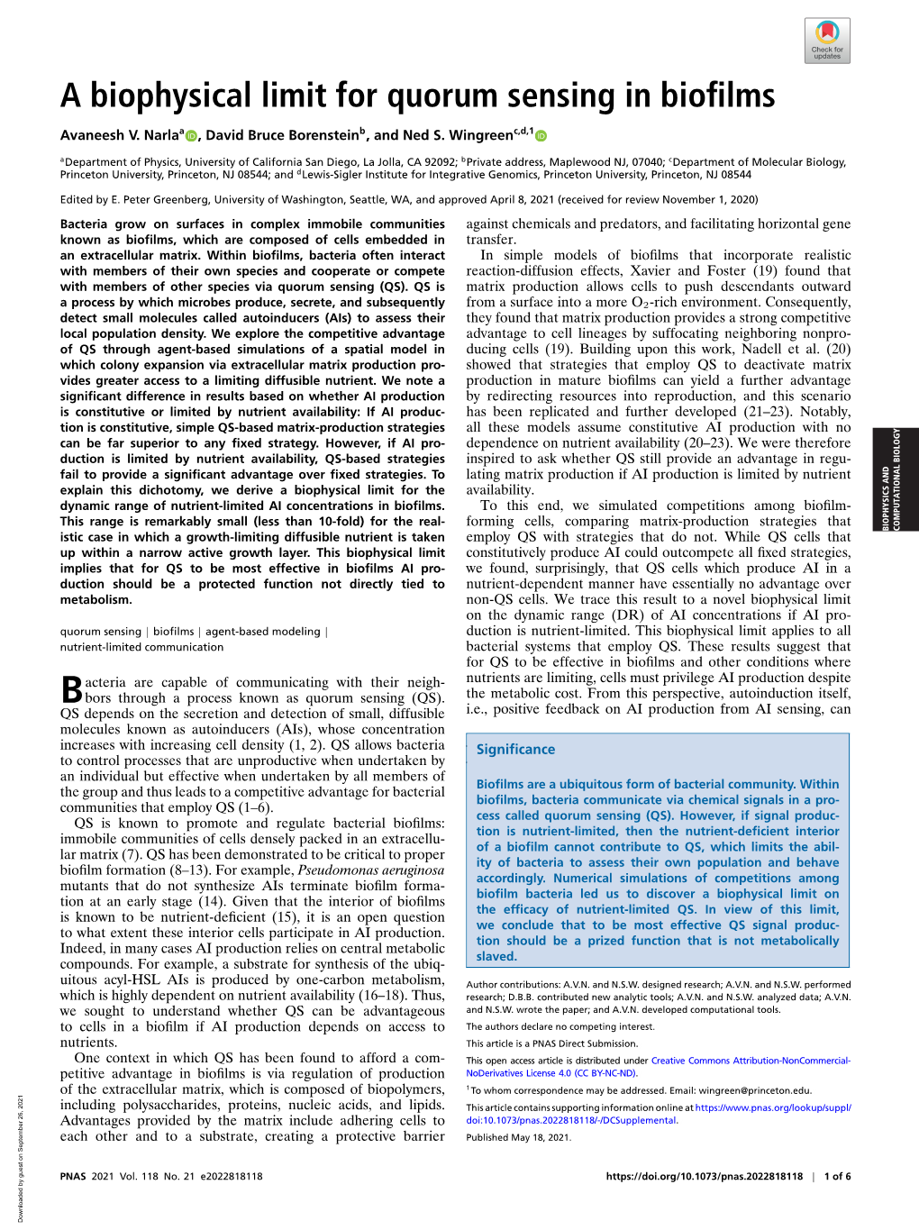 A Biophysical Limit for Quorum Sensing in Biofilms