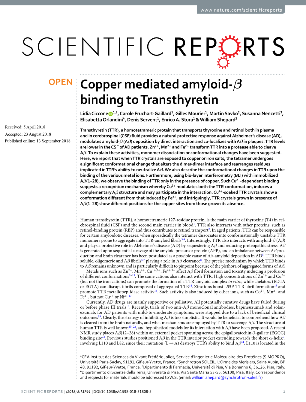 Copper Mediated Amyloid-Β Binding to Transthyretin