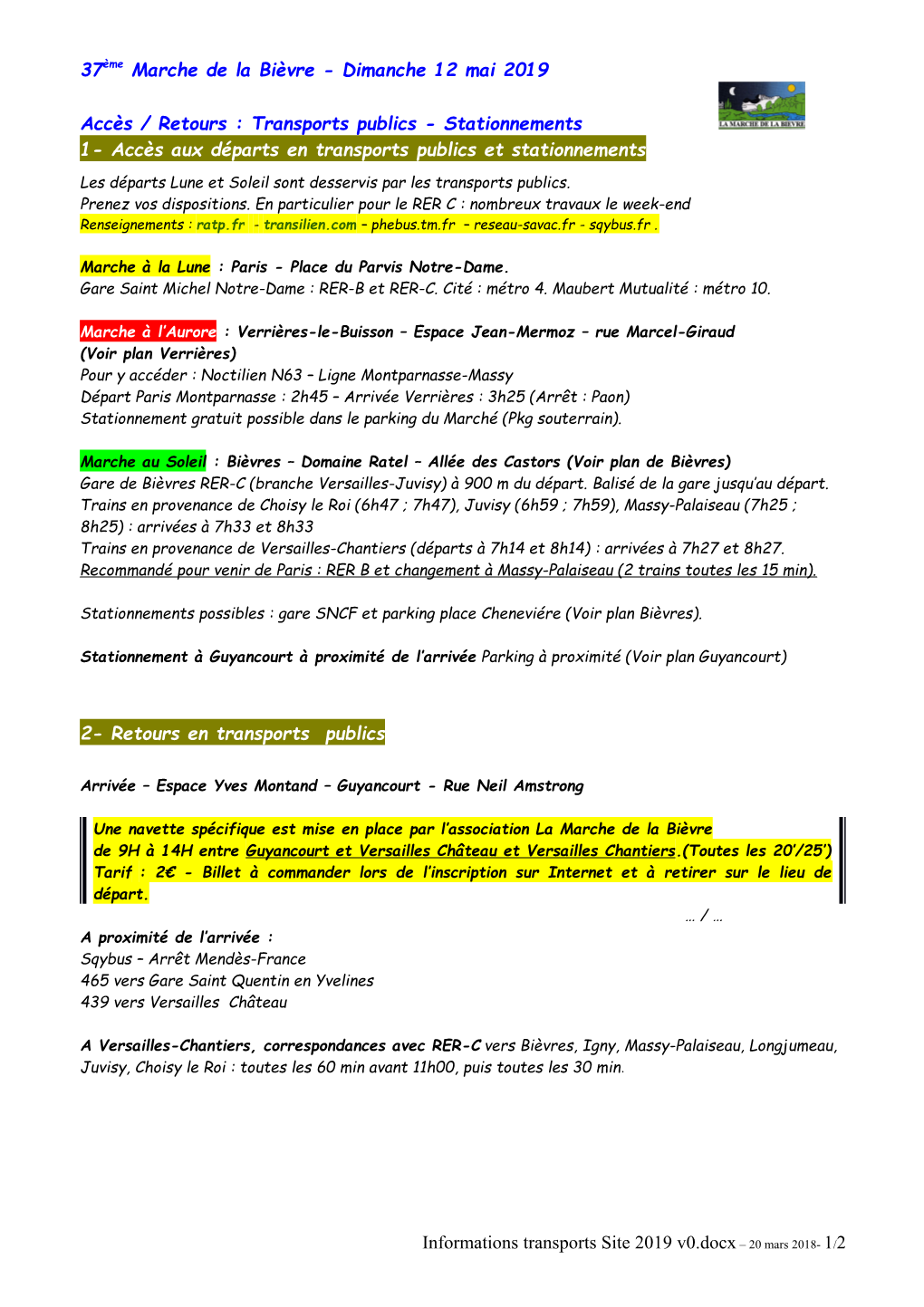 Informations Transports Site 2019 V0.Docx – 20 Mars 2018- 1/2 37Ème Marche De La Bièvre - Dimanche 12 Mai 2019