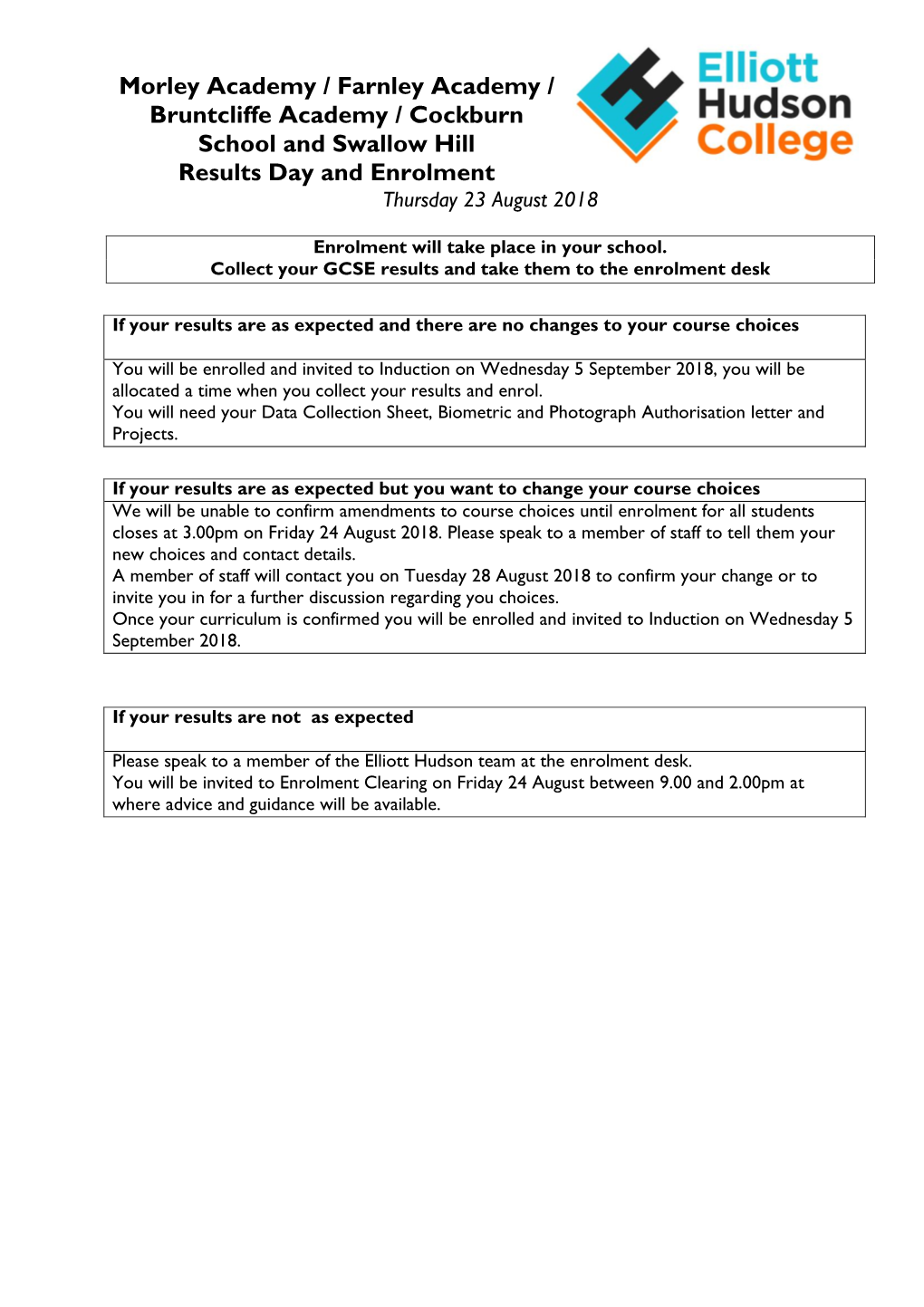 Morley Academy / Farnley Academy / Bruntcliffe Academy / Cockburn School and Swallow Hill Results Day and Enrolment Thursday 23 August 2018