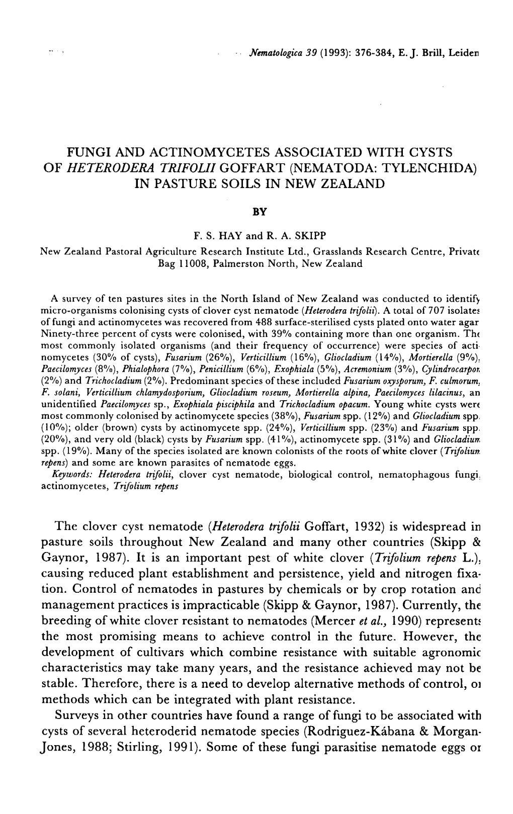 Fungi and Actinomycetes Associated with Cysts of Heterodera Trifolii Goffart (Nematoda: Tylenchida) in Pasture Soils in New Zealand