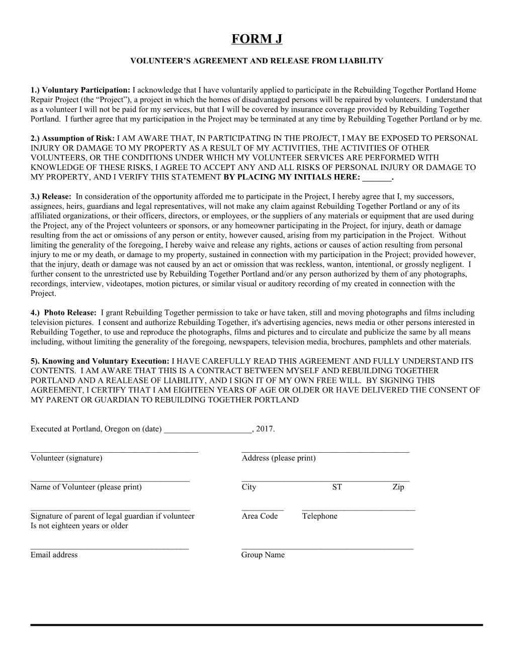 Volunteer S Agreement and Release from Liability