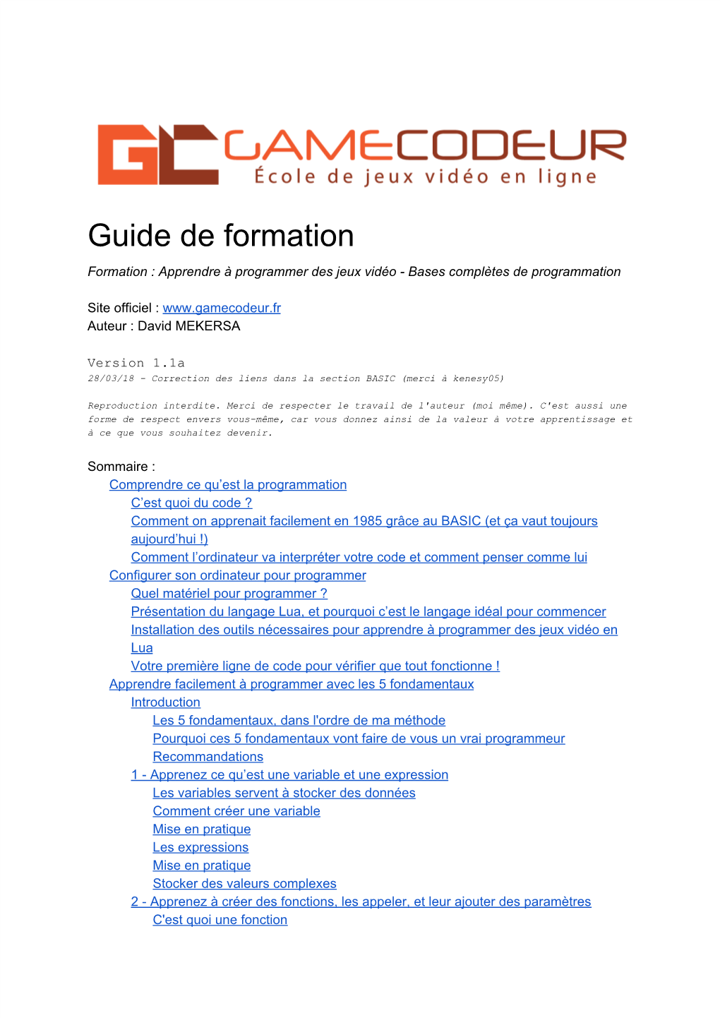 Guide De Formation Formation : Apprendre À Programmer Des Jeux Vidéo - Bases Complètes De Programmation