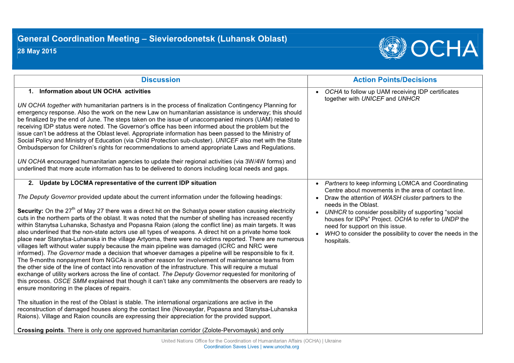 General Coordination Meeting – Sievierodonetsk (Luhansk Oblast) 28 May 2015