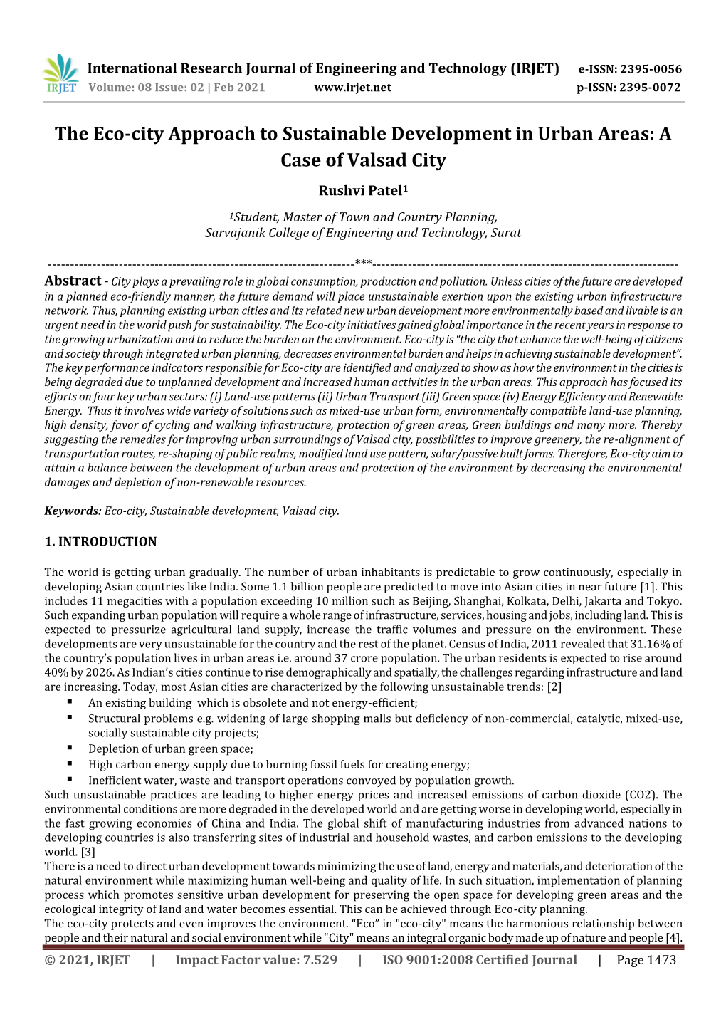 The Eco-City Approach to Sustainable Development in Urban Areas: a Case of Valsad City Rushvi Patel1