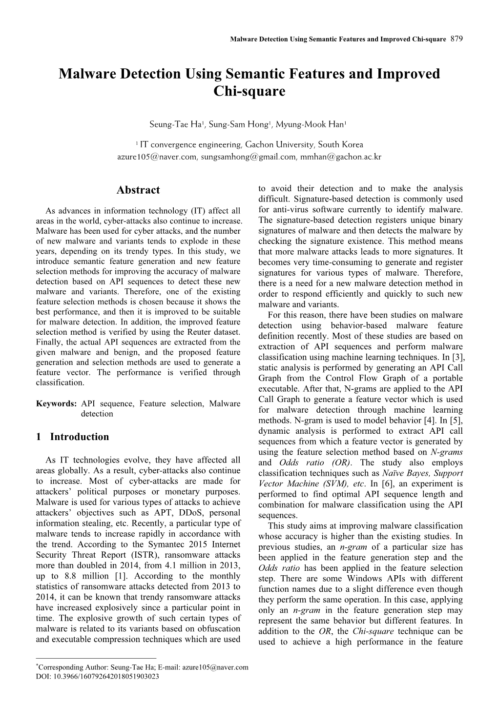 Malware Detection Using Semantic Features and Improved Chi-Square 879