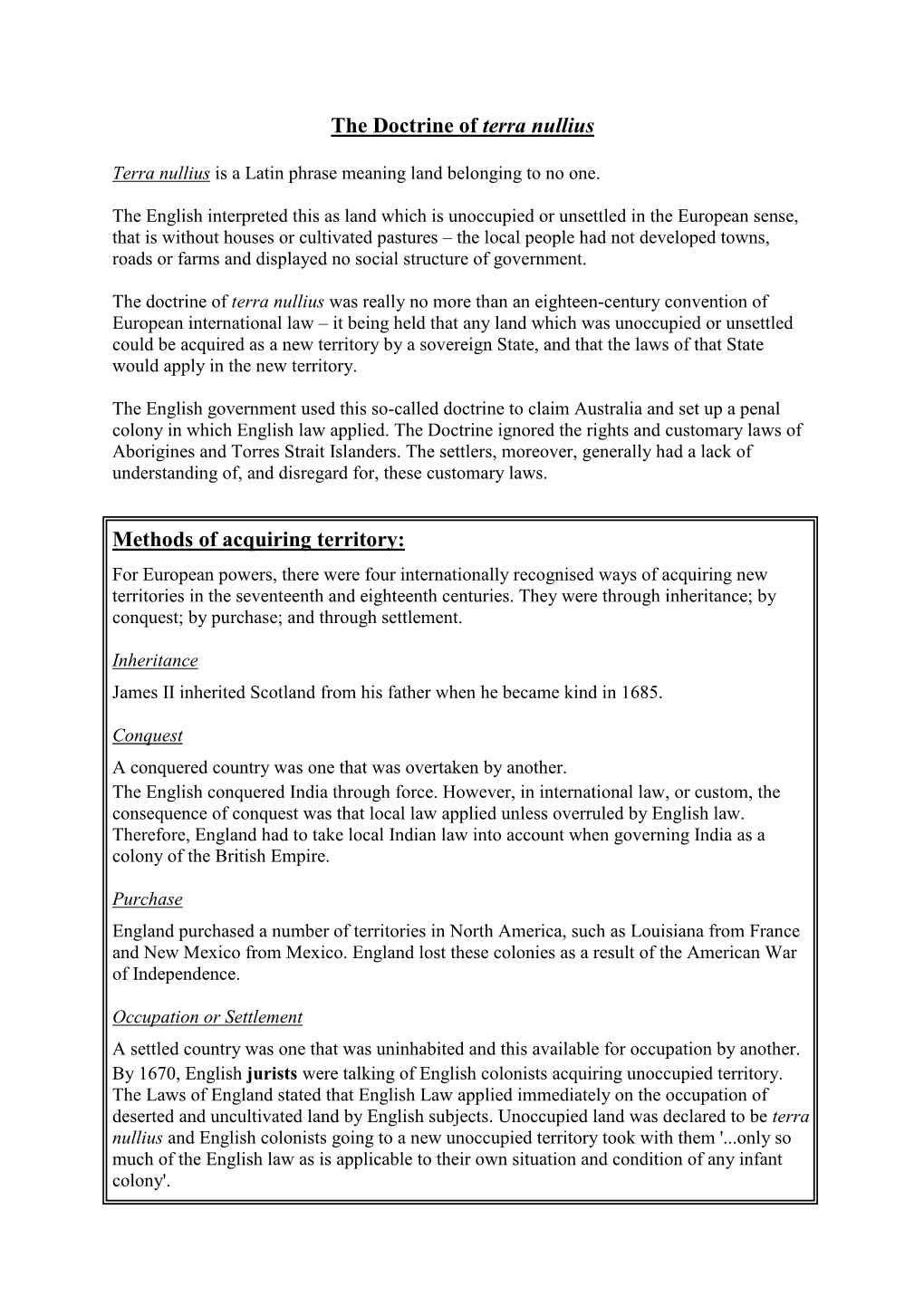 The Doctrine of Terra Nullius Methods of Acquiring Territory