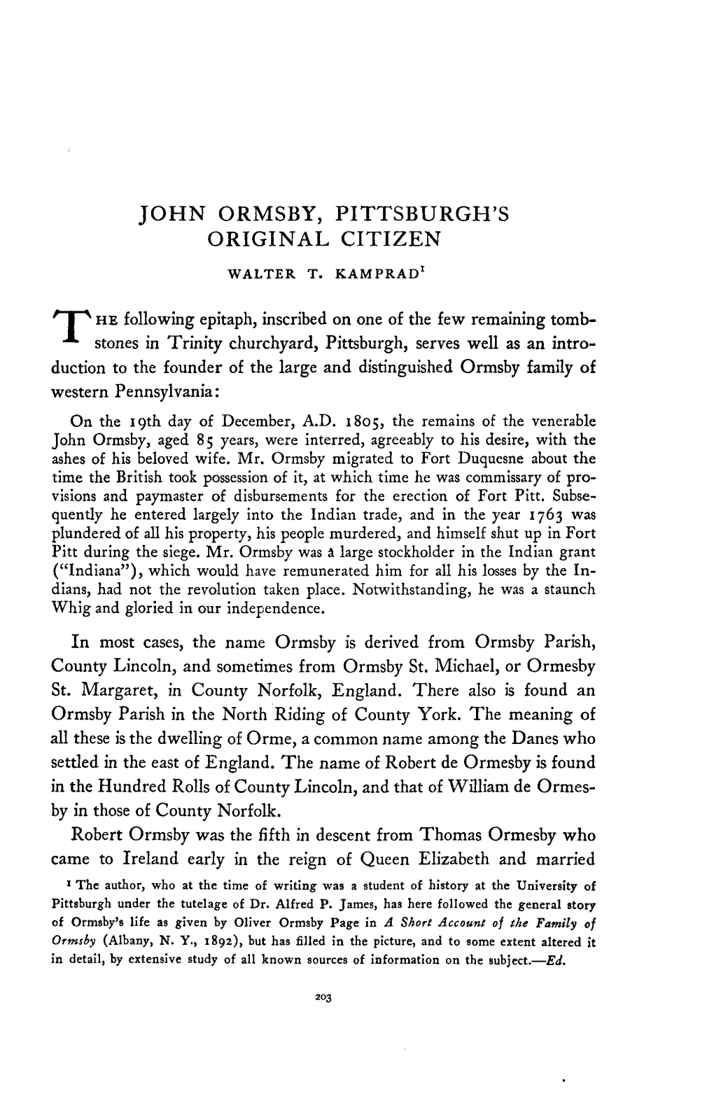 John Ormsby, Pittsburgh's Original Citizen