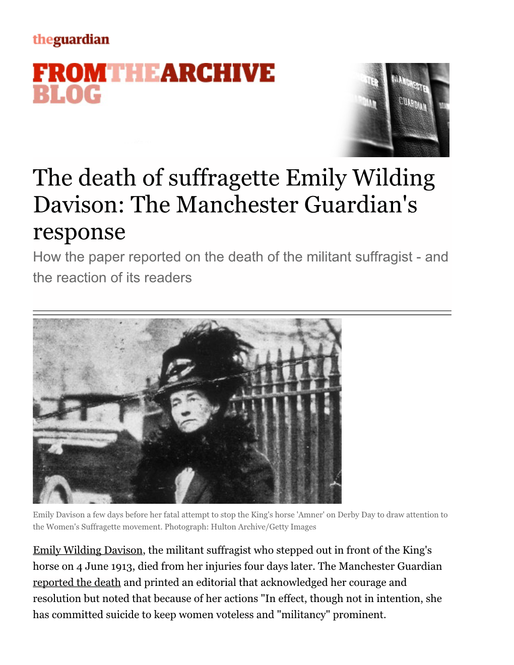 The Death of Suffragette Emily Wilding Davison: the Manchester Guardian's Response | from the Guardian | Guardian.Co.Uk