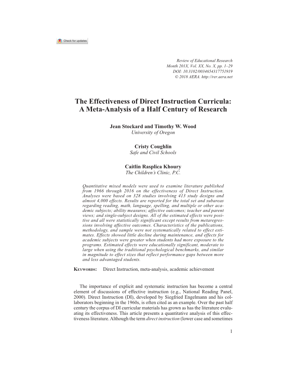 The Effectiveness of Direct Instruction Curricula: a Meta-Analysis of a Half Century of Research