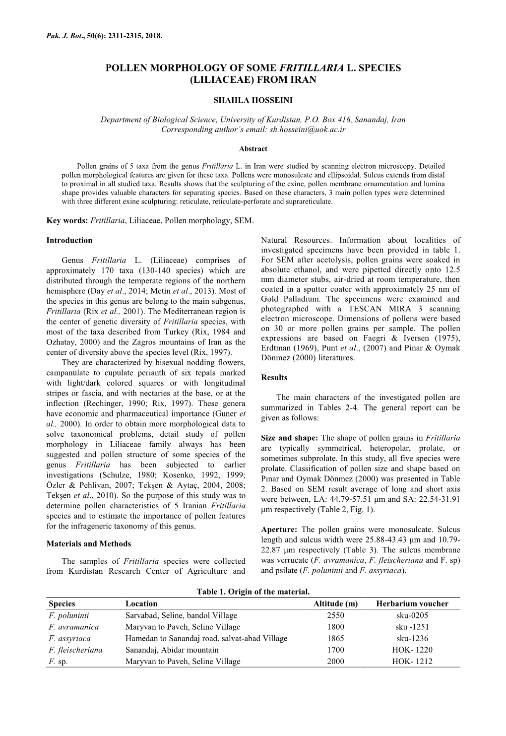 Pollen Morphology of Some Fritillaria L. Species (Liliaceae) from Iran