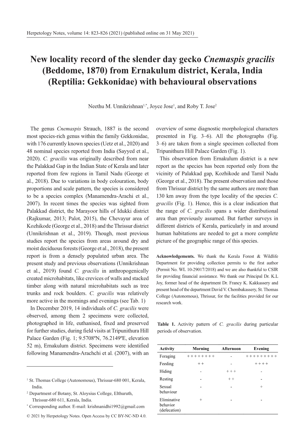 New Locality Record of the Slender Day Gecko Cnemaspis Gracilis (Beddome, 1870) from Ernakulum District, Kerala, India (Reptilia