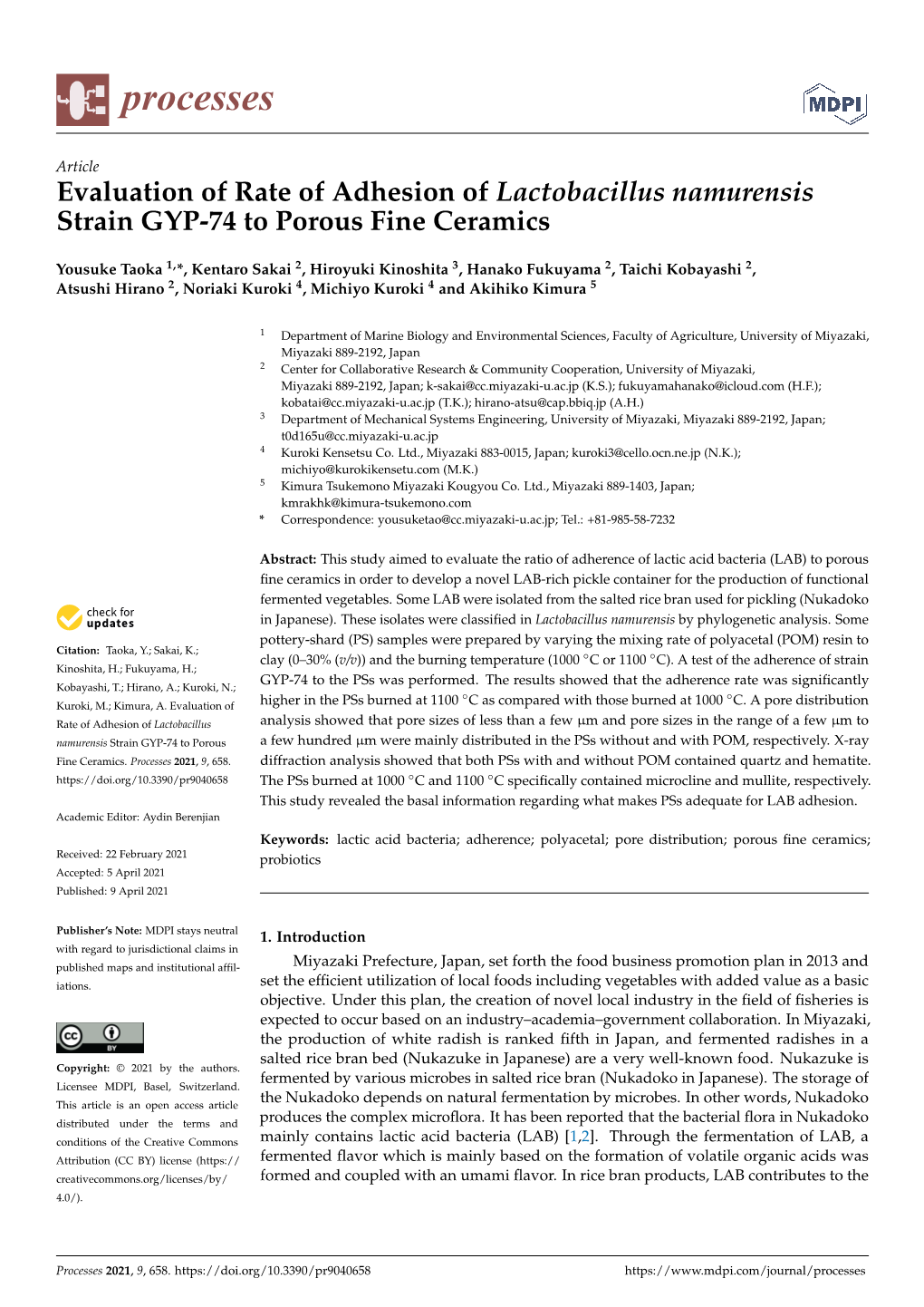 Evaluation of Rate of Adhesion of Lactobacillus Namurensis Strain GYP-74 to Porous Fine Ceramics