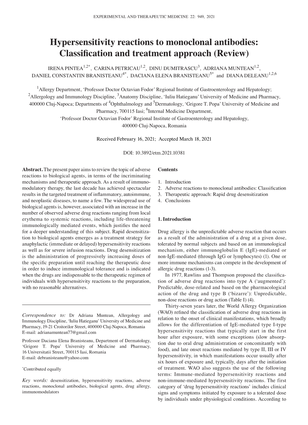 Hypersensitivity Reactions to Monoclonal Antibodies: Classification and Treatment Approach (Review)