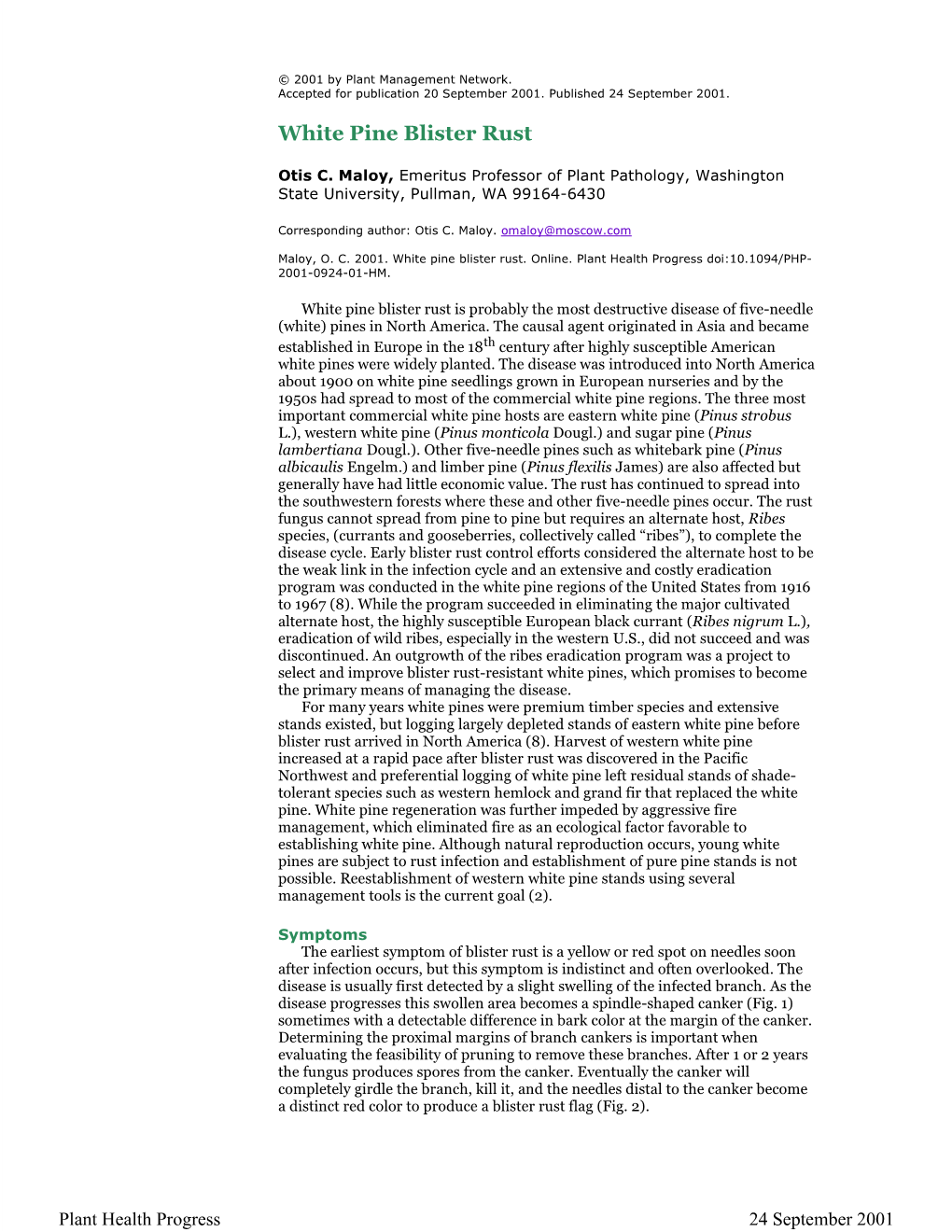 The History of White Pine Blister Rust Infection