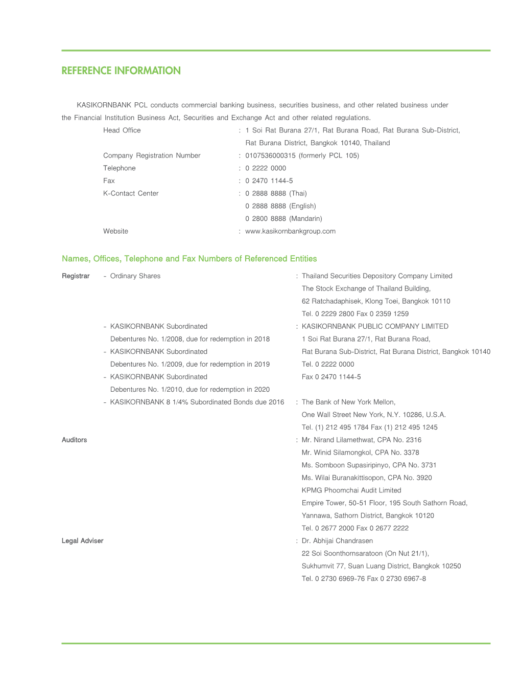 Names, Offices, Telephone and Fax Numbers of Referenced Entities