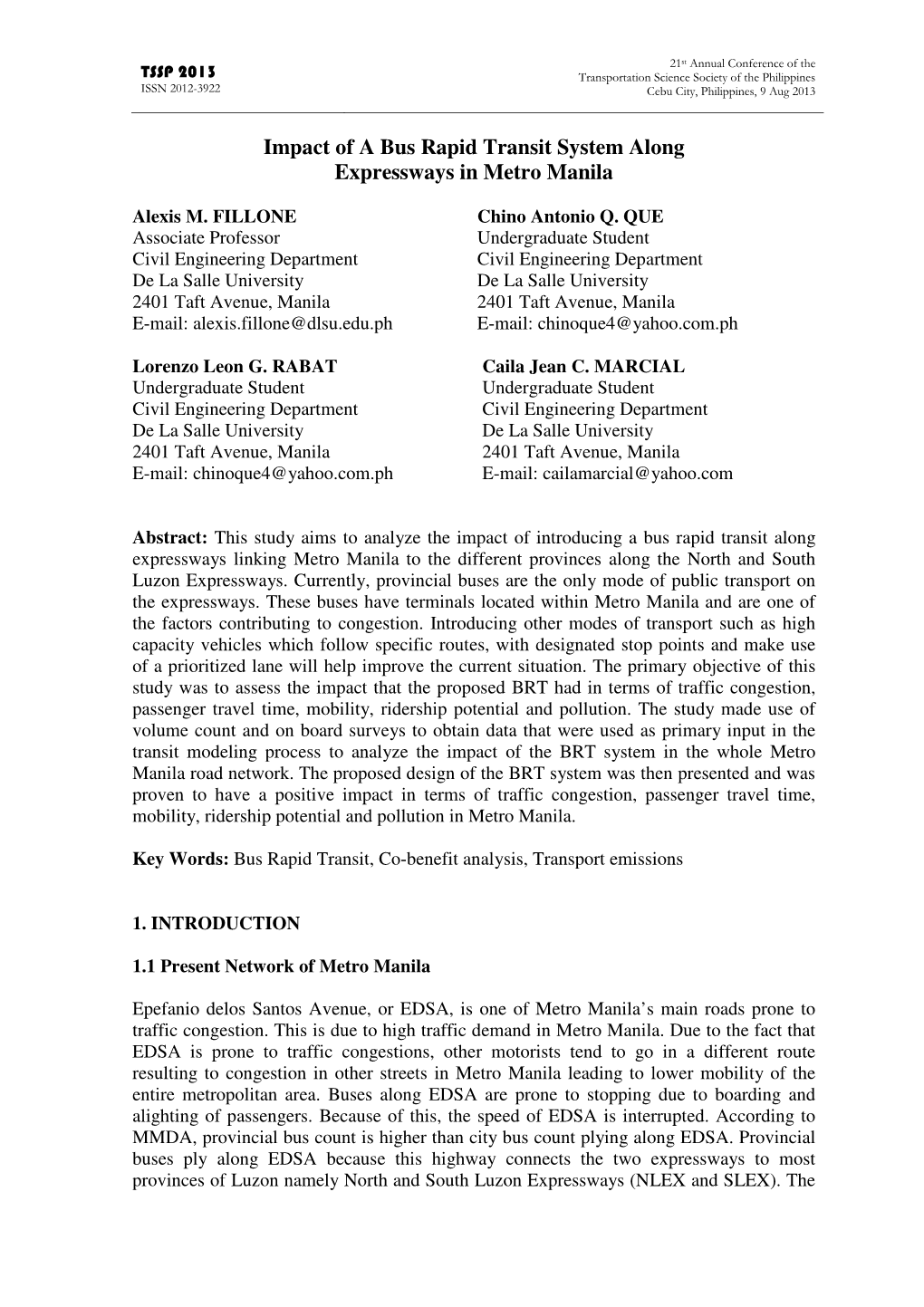 Impact of a Bus Rapid Transit System Along Expressways in Metro Manila