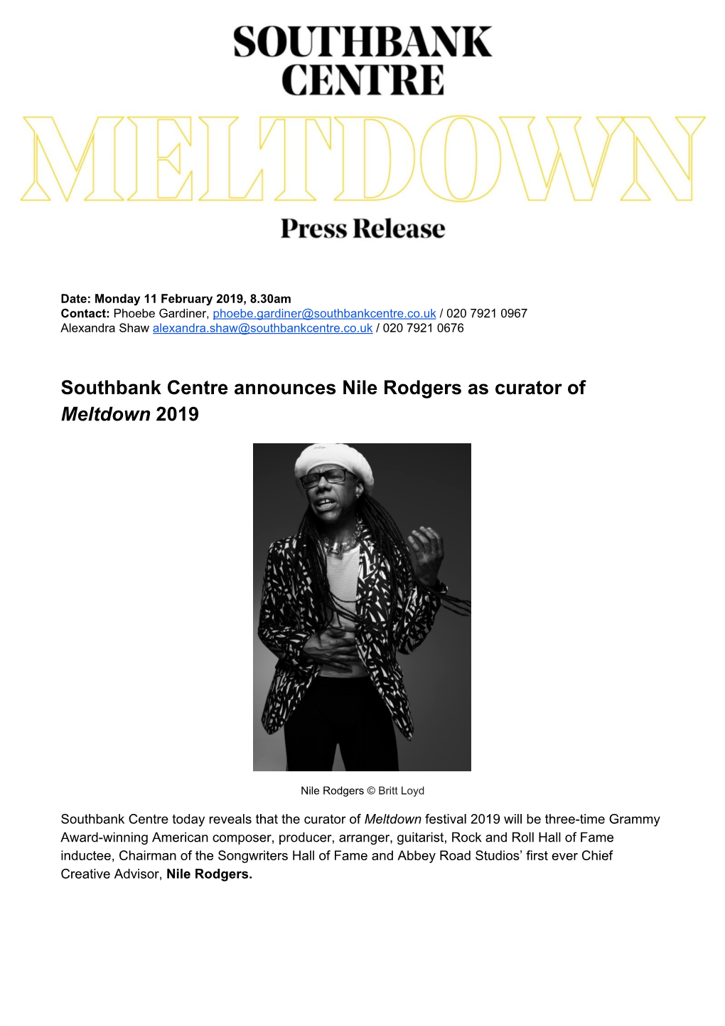 Southbank Centre Announces Nile Rodgers As Curator of Meltdown 2019 ​