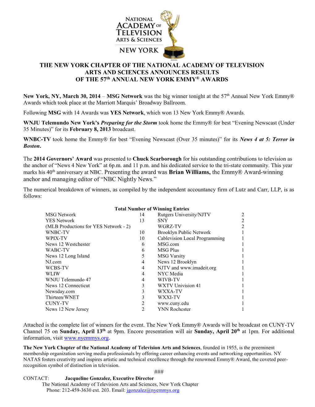 The 54Th Annual New York Emmy® Award Nominations