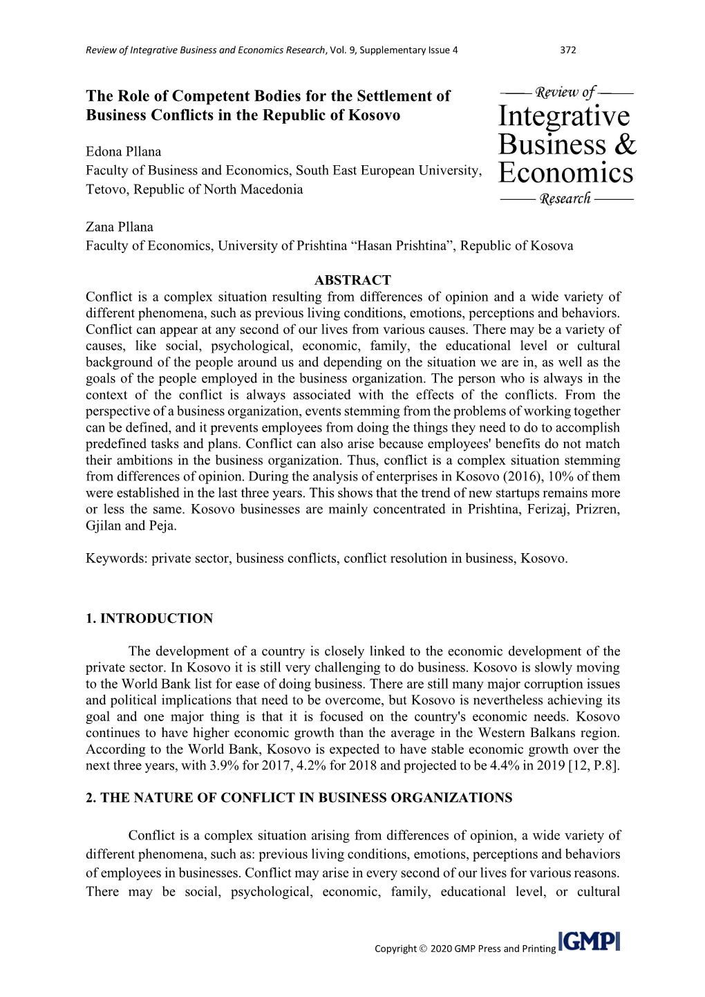 The Role of Competent Bodies for the Settlement of Business Conflicts in the Republic of Kosovo