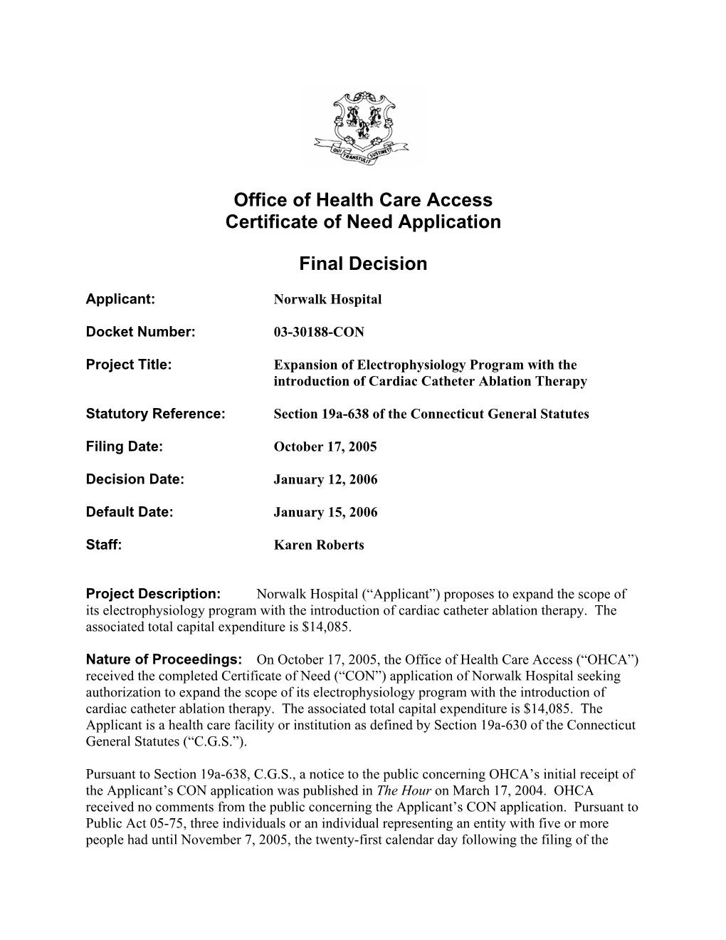 Office of Health Care Access Certificate of Need Application Final