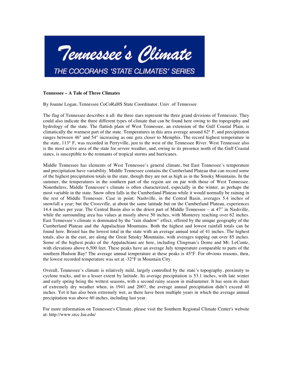 Tennessee – a Tale of Three Climates