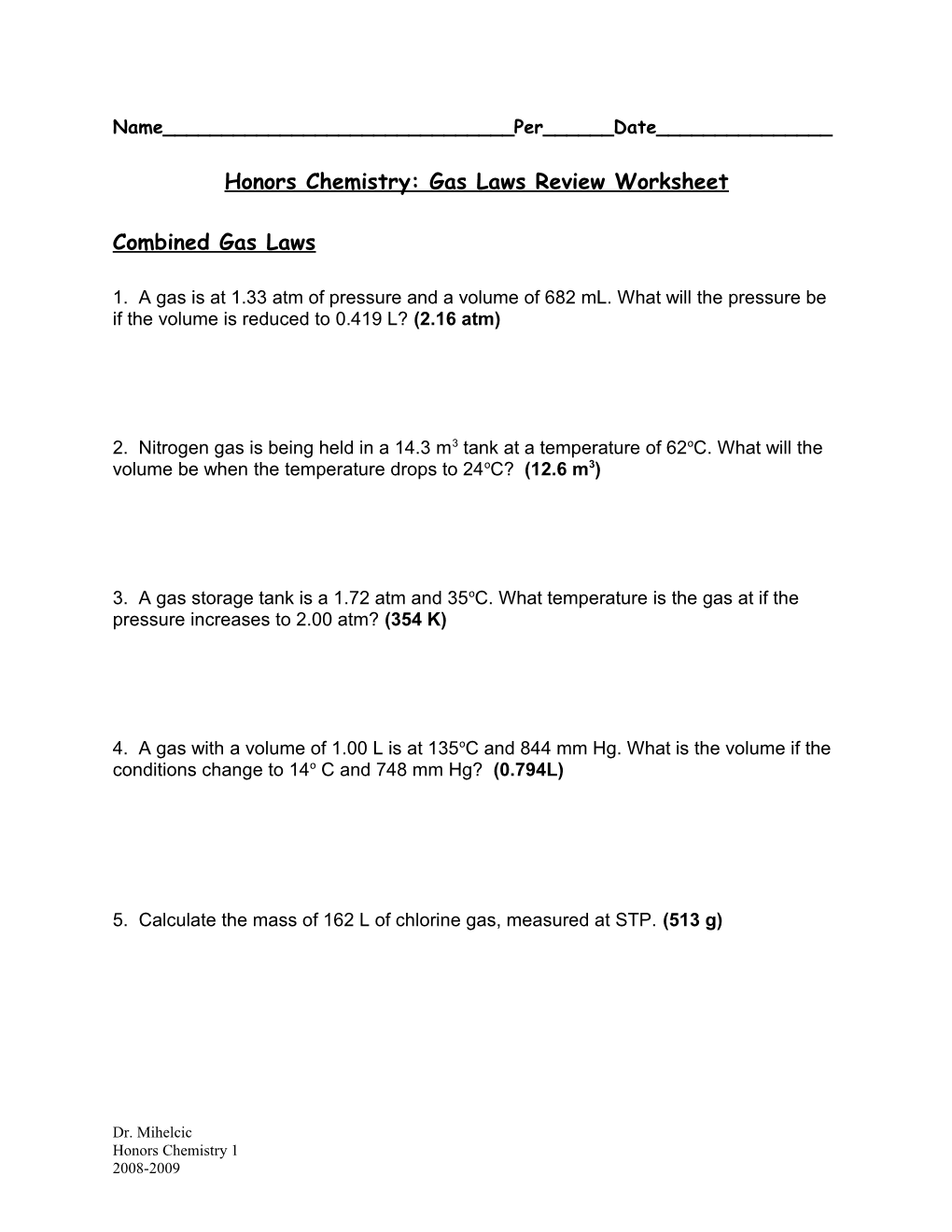 Gas Laws Review Worksheet