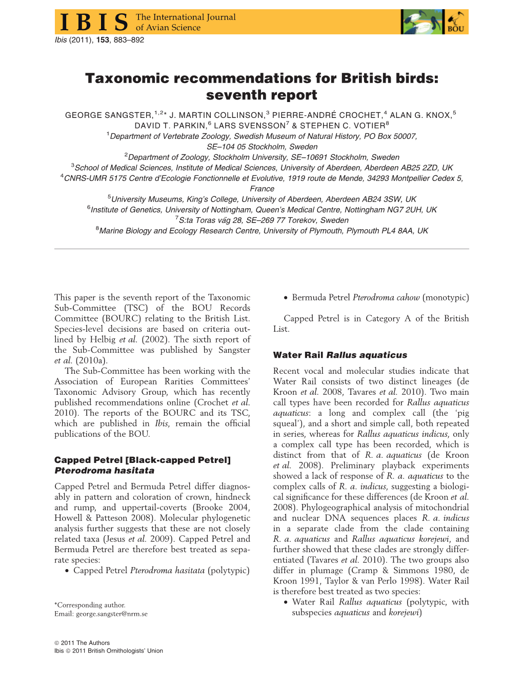 Taxonomic Recommendations for British Birds: Seventh Report