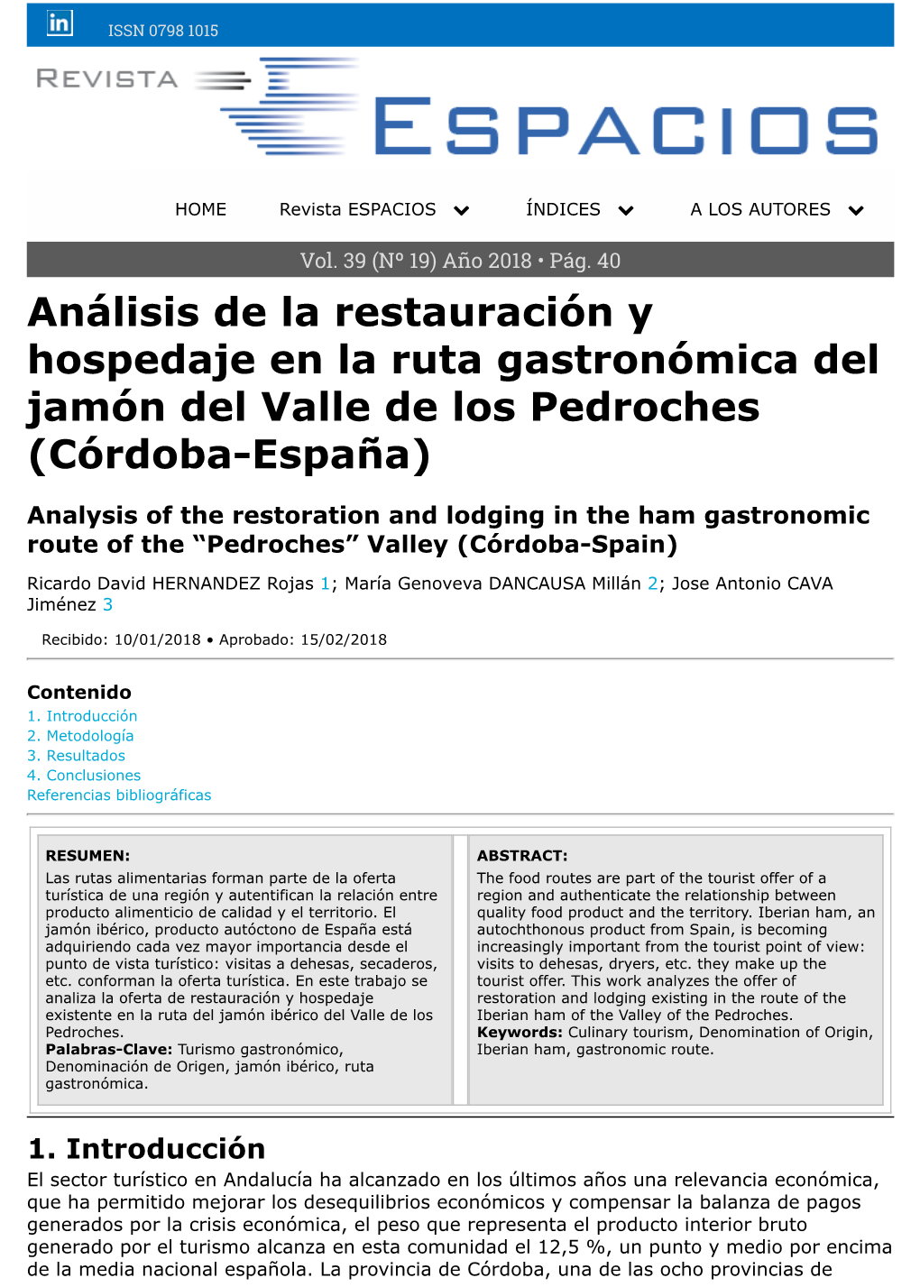 Análisis De La Restauración Y Hospedaje En La Ruta Gastronómica Del Jamón Del Valle De Los Pedroches (Córdoba-España)