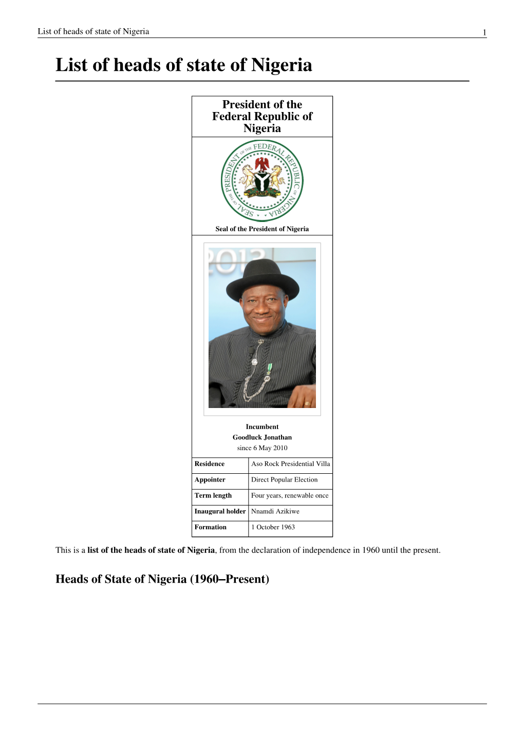 List of Heads of State of Nigeria 1 List of Heads of State of Nigeria