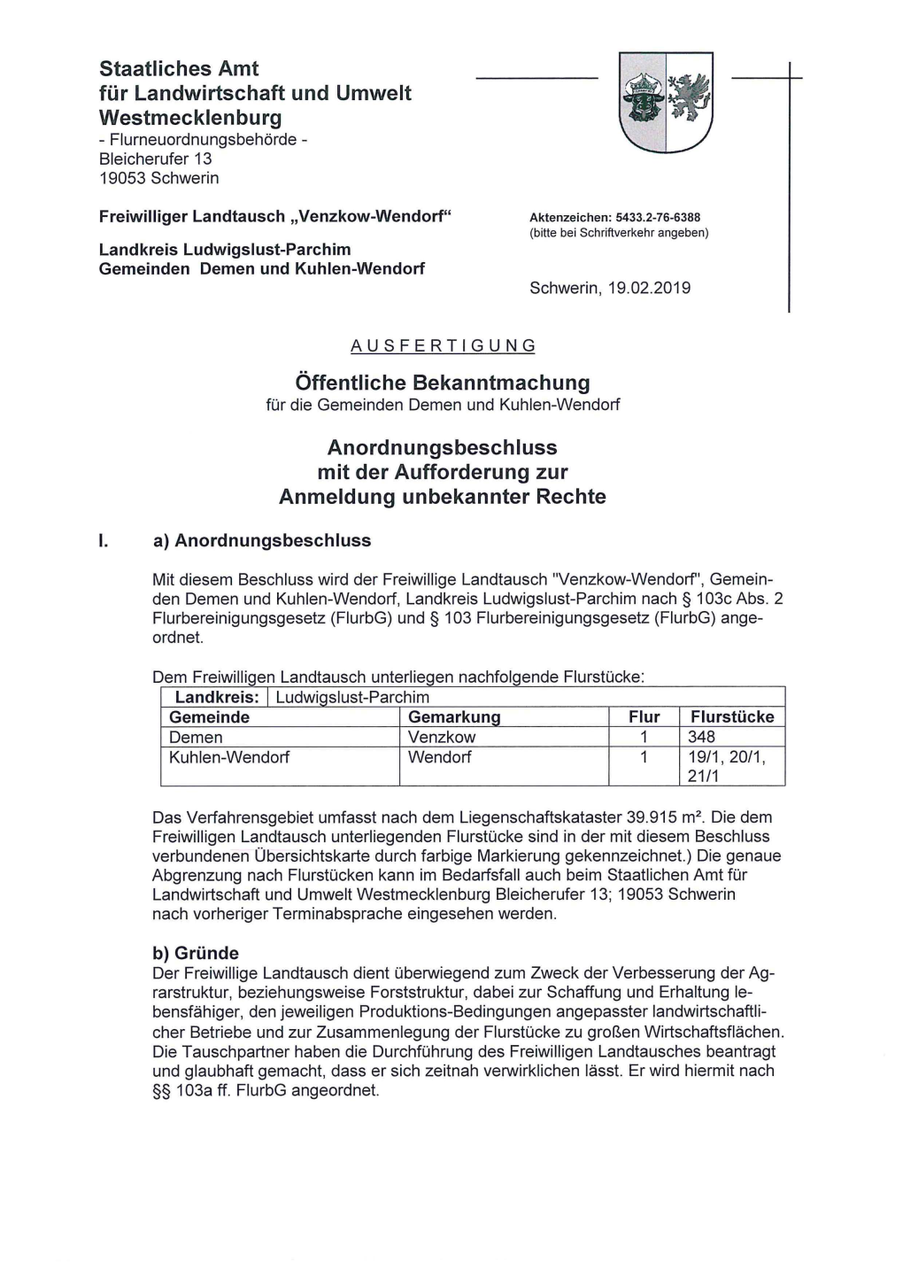 Anordnungsbeschluss FLT Venzkow-Wendorf