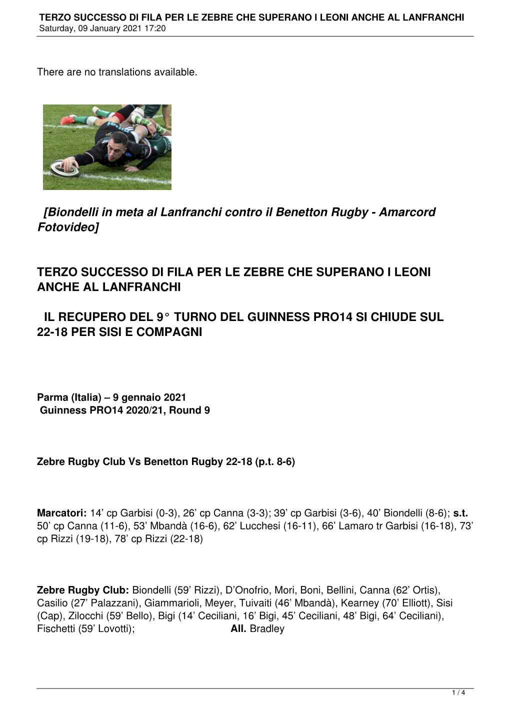 TERZO SUCCESSO DI FILA PER LE ZEBRE CHE SUPERANO I LEONI ANCHE AL LANFRANCHI Saturday, 09 January 2021 17:20