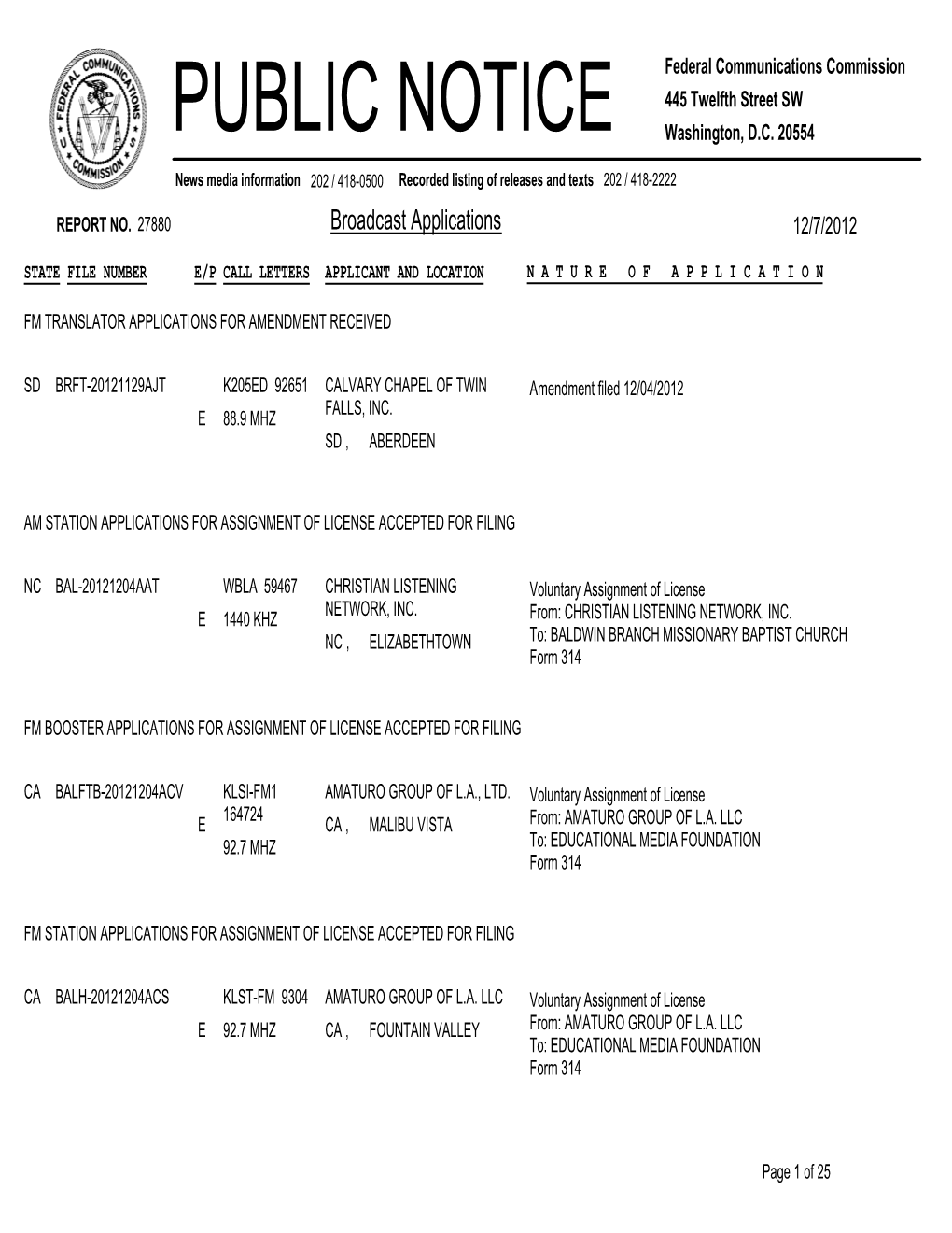 Broadcast Applications 12/7/2012